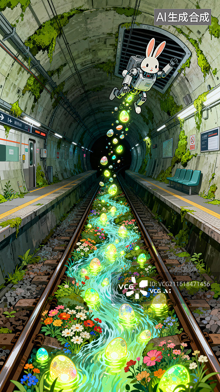 【AI数字艺术】废弃隧道焕新！机械兔撒下复活节发光彩蛋溪流图片素材