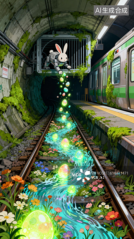【AI数字艺术】地铁隧道里的复活节！机械兔让轨道流淌发光彩蛋图片素材