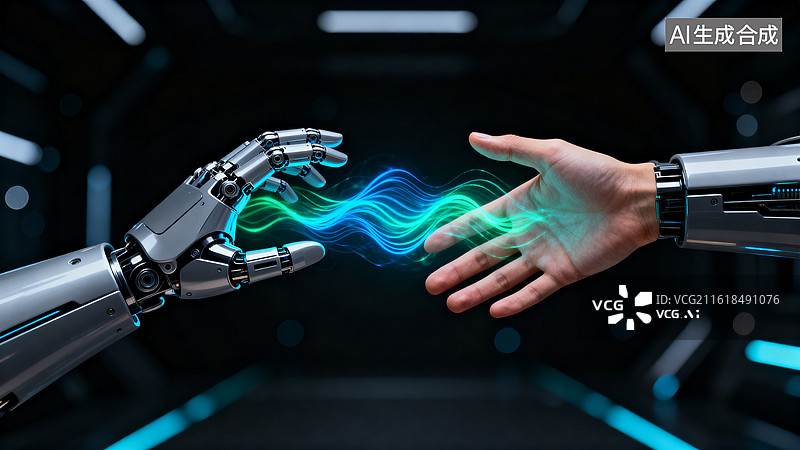 【AI数字艺术】机械手臂与人类手掌传递能量波纹图片素材