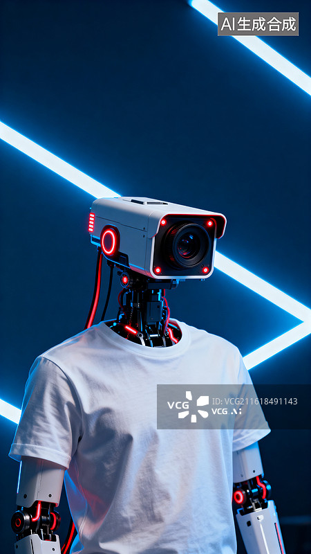 【AI数字艺术】监控摄像头造型机器人身穿白色T恤图片素材