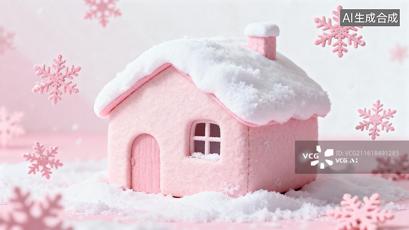 【AI数字艺术】粉色毛毡小屋覆盖白雪雪花飘落场景图片素材