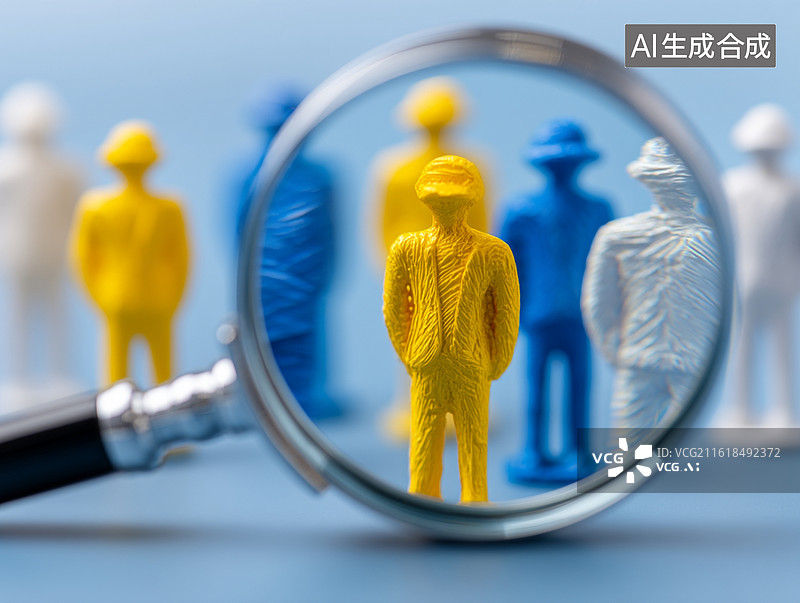 【AI数字艺术】放大镜聚焦黄色小人，在蓝白人群中凸显个体差异，诠释人才选拔与核心人才识别的职场主题图片素材