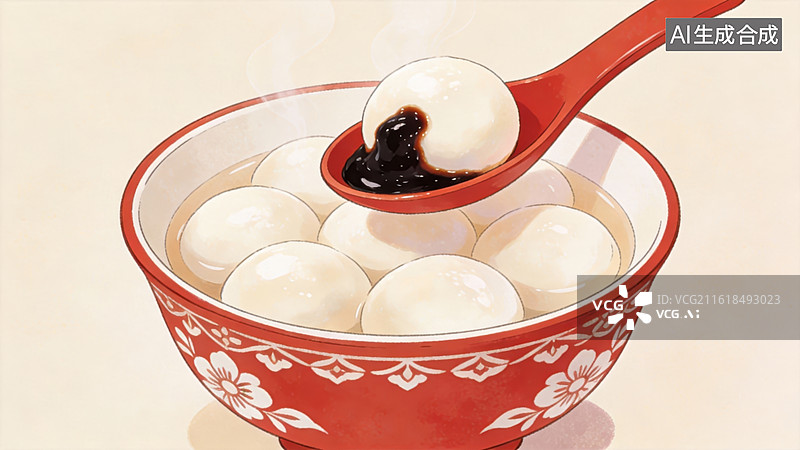 【AI数字艺术】红碗汤圆配芝麻馅图片素材