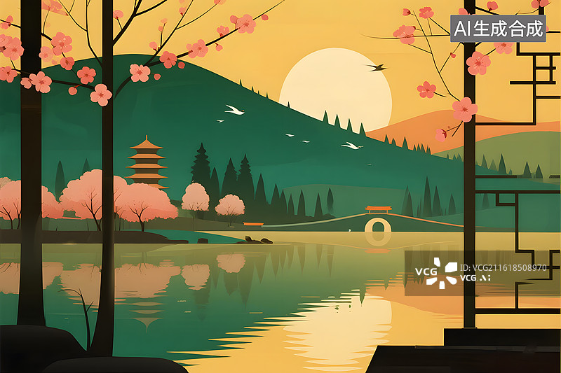 【AI数字艺术】青山绿水间的桃花与佳人图片素材