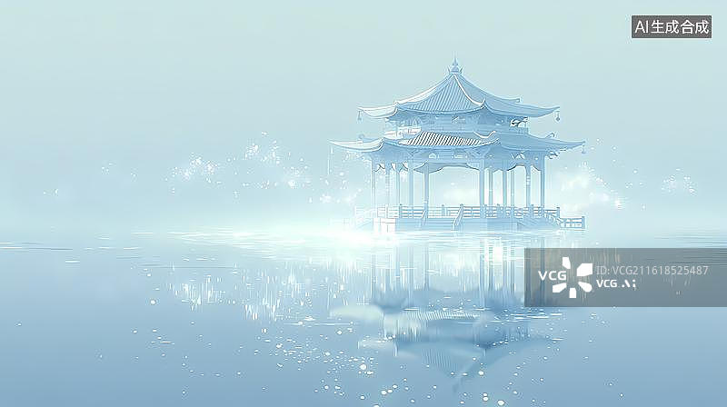 【AI数字艺术】霜降节气水榭亭台插画淡蓝薄雾水景主题品牌海报设计素材图片素材