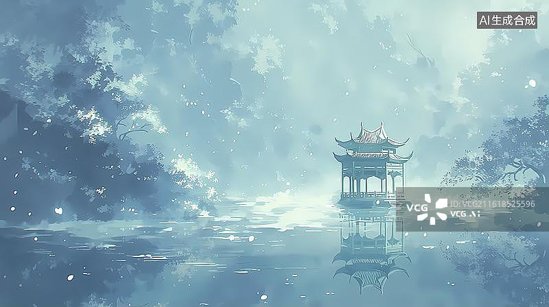 【AI数字艺术】霜降节气水榭亭台插画淡蓝薄雾水景主题品牌海报设计素材图片素材