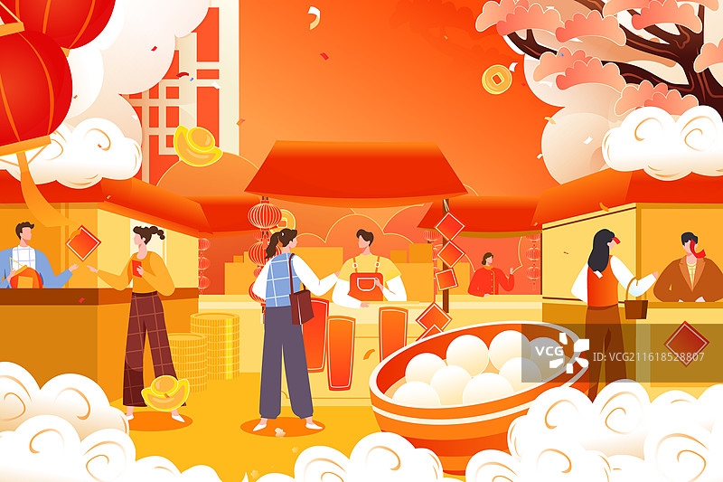 卡通新年春节年货节元宵节团圆美食餐饮汤圆家人过年红包电商购物消费促销优惠古建筑中国风国潮渐变矢量插画图片素材