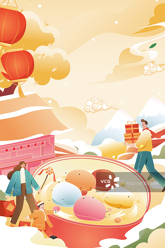 卡通新年春节年货节元宵节团圆美食餐饮汤圆家人过年红包电商购物消费促销优惠古建筑中国风国潮渐变矢量插画图片素材