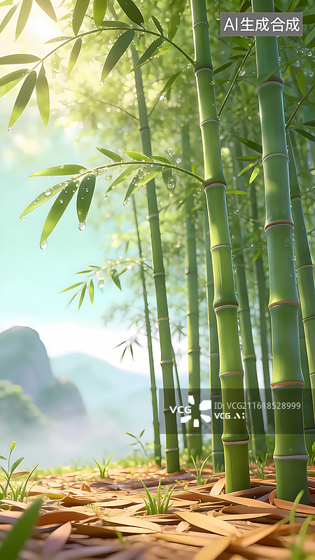 【AI数字艺术】竹林晨雾飞鸟图春分图片素材
