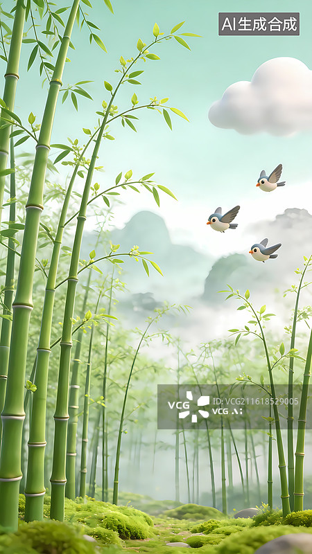 【AI数字艺术】竹林晨雾飞鸟图春分图片素材
