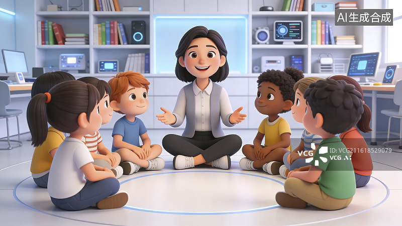 【AI数字艺术】教师带领多元儿童小组讨论图片素材