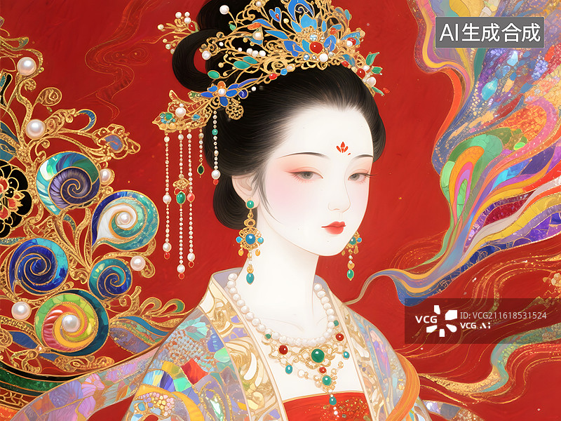【AI数字艺术】古风美人，国风插画设计，岩彩板绘，珠宝刺绣，彩色螺钿艺术，重工刺绣，掐丝珐琅图片素材