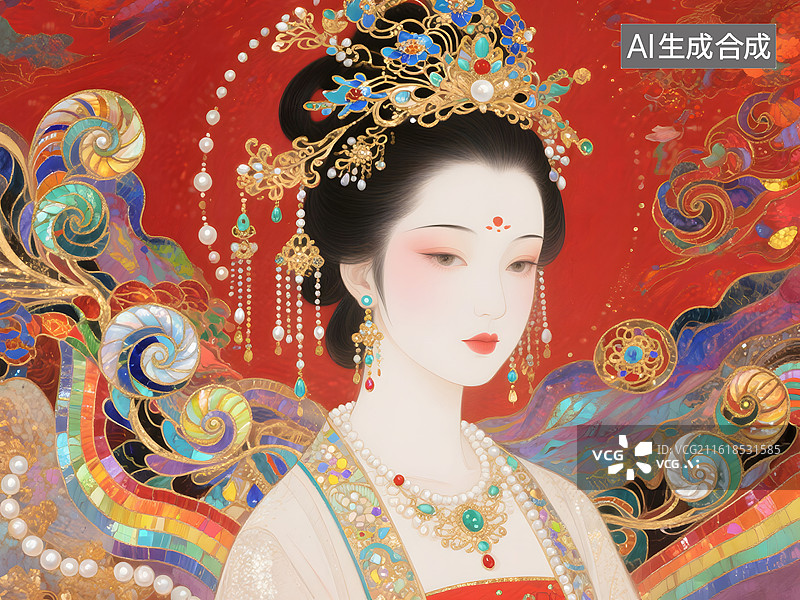 【AI数字艺术】古风美人，国风插画设计，岩彩板绘，珠宝刺绣，彩色螺钿艺术，重工刺绣，掐丝珐琅图片素材