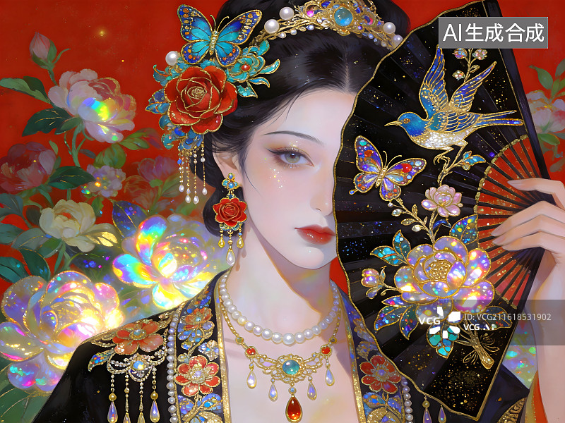 【AI数字艺术】古风美人，国风插画设计，岩彩板绘，珠宝刺绣，彩色螺钿艺术，重工刺绣，掐丝珐琅图片素材