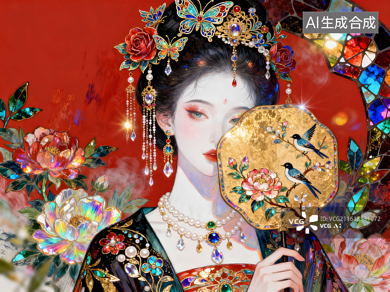 【AI数字艺术】古风美人，国风插画设计，岩彩板绘，珠宝刺绣，彩色螺钿艺术，重工刺绣，掐丝珐琅图片素材