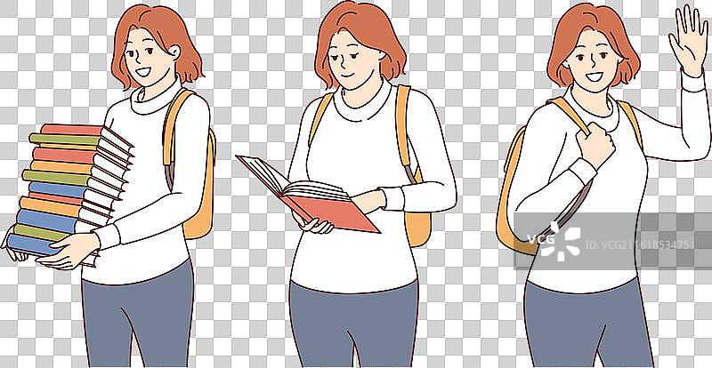 背着背包、捧着一叠书的女学生图片素材