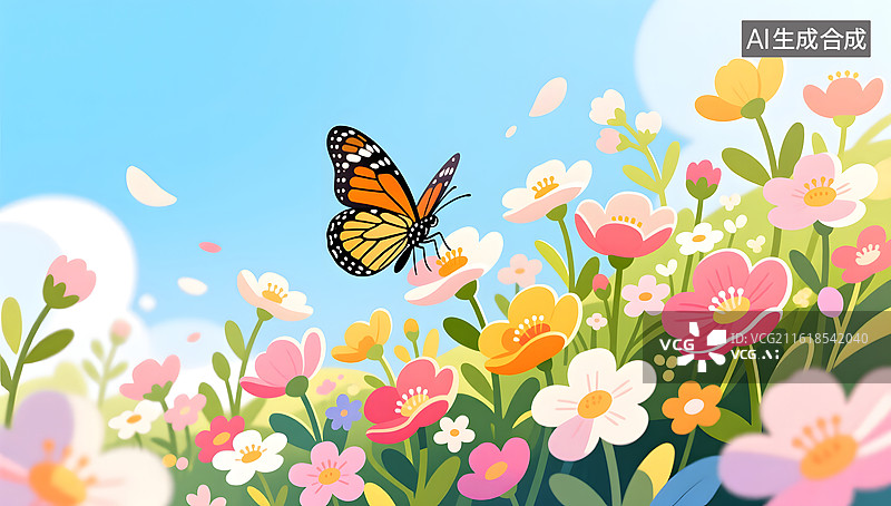 【AI数字艺术】春天里蝴蝶在繁茂花丛中自由飞舞图片素材