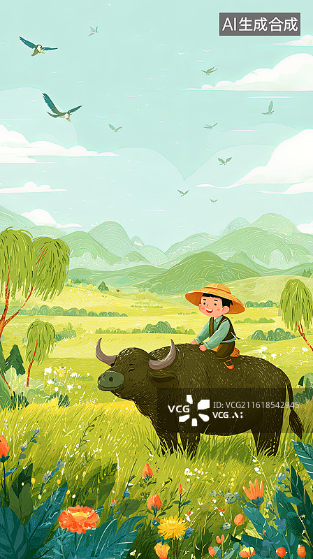 【AI数字艺术】牧童骑牛田园风光图片素材