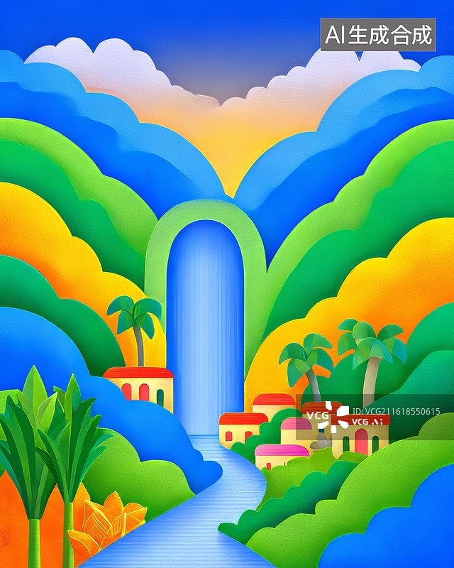 【AI数字艺术】彩色山谷中的村庄图片素材