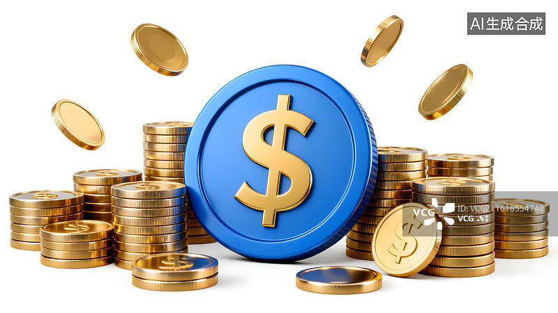【AI数字艺术】金币与美元符号的堆叠图片素材