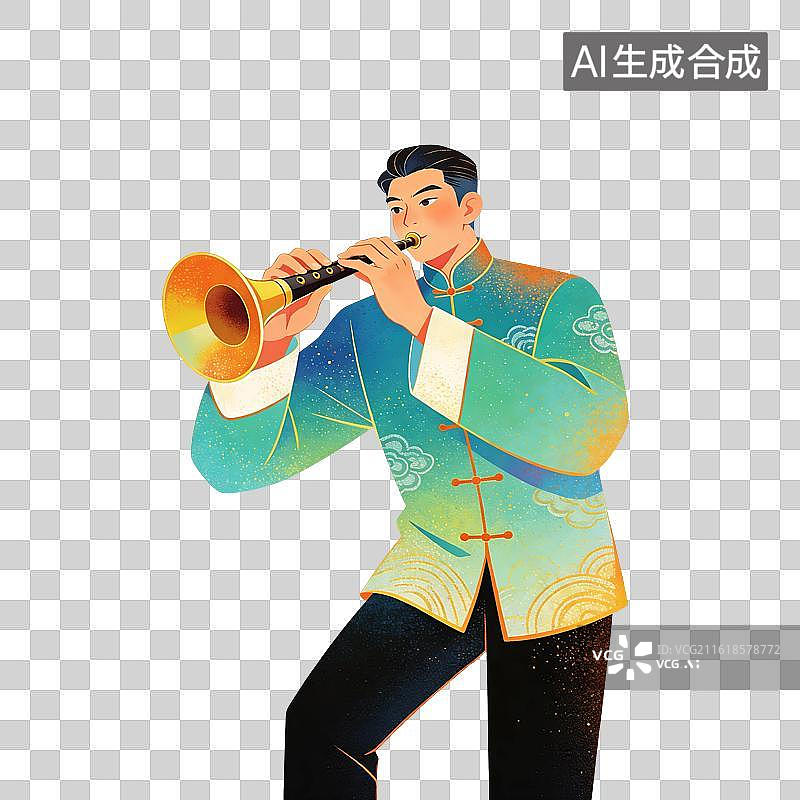 【AI数字艺术】吹唢呐的男生插画图片素材