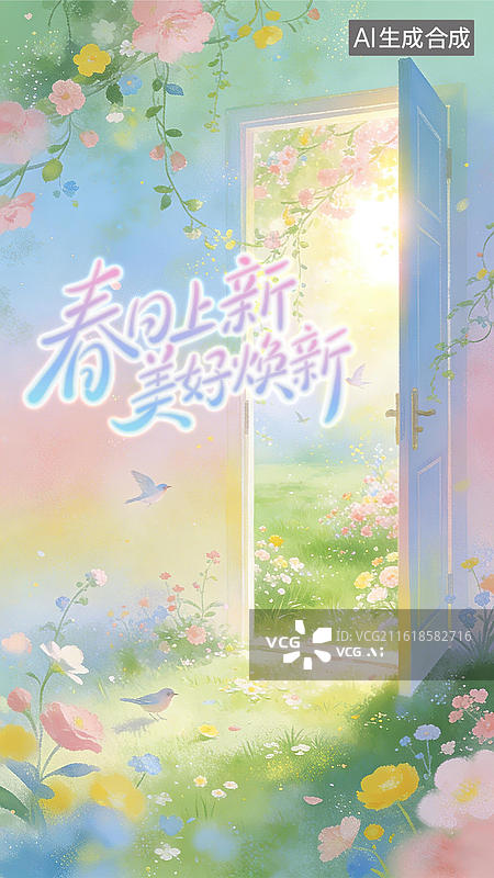 【AI数字艺术】春日弥散光朦胧风光影感彩色渐变小清新唯美手绘网页横幅banner广告KV打开的任意门外春暖花开世界图片素材