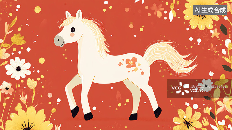【AI数字艺术】2026年马年可爱卡通小马生肖春节农历新年节日装饰红色背景图片素材
