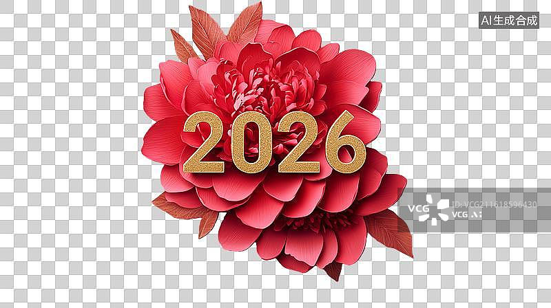 【AI数字艺术】2026年马年红色牡丹花农历新年春节3D金色数字折纸节日装饰免抠图形图片素材