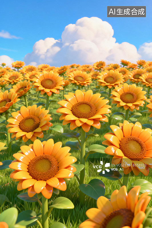 【AI数字艺术】3d卡通风格阳光下的向日葵花海图片素材