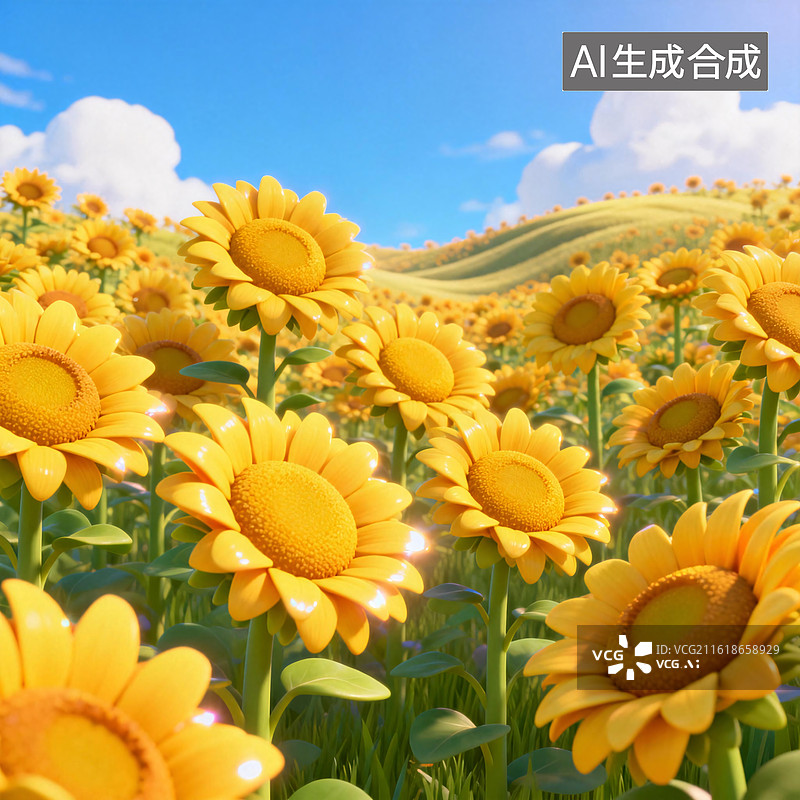 【AI数字艺术】3d卡通风格阳光下的向日葵花海图片素材