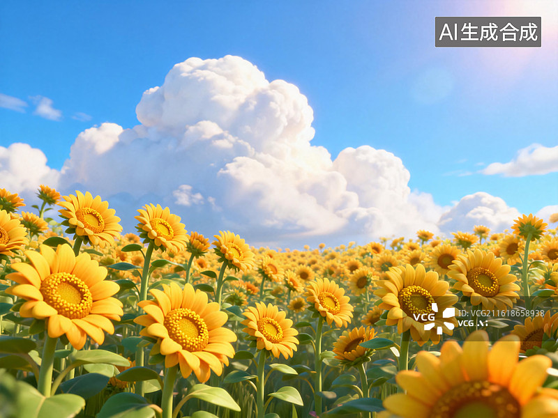 【AI数字艺术】3d卡通风格阳光下的向日葵花海图片素材