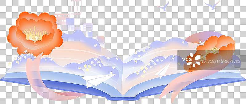 教师节翻开的书本上花丛花朵丝带纸飞机清新渐变插画图片素材