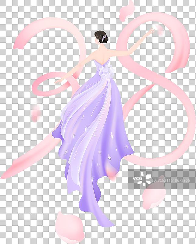 三八妇女节美丽长裙女性与粉色38丝带清新渐变插画图片素材