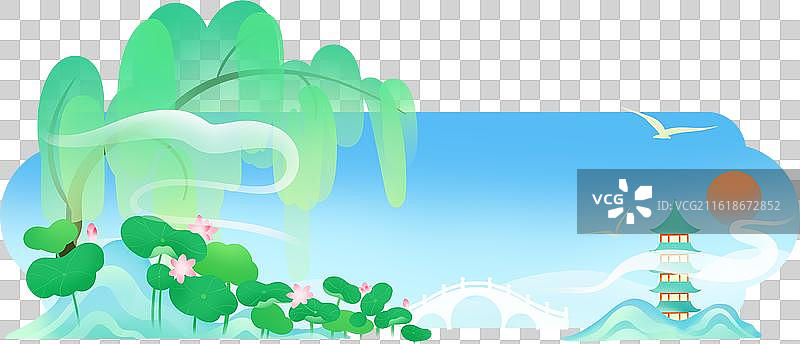 夏至柳树荷花古塔石桥山流云清新渐变插画图片素材