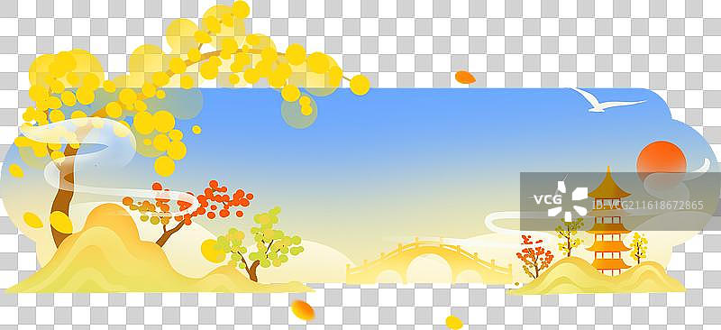 秋分银杏树秋叶古塔石桥山流云清新渐变插画图片素材