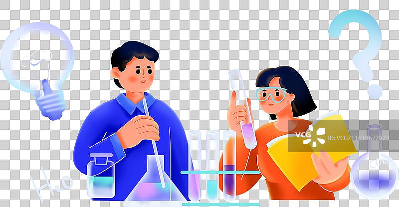 两个人在做化学实验科研灯泡问号清新渐变插画图片素材