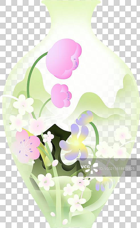 春分节气花瓶里的山水云雾花朵石头清新渐变插画图片素材