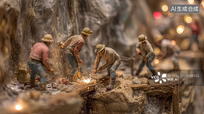 【AI数字艺术】矿工在洞穴中作业场景图片素材