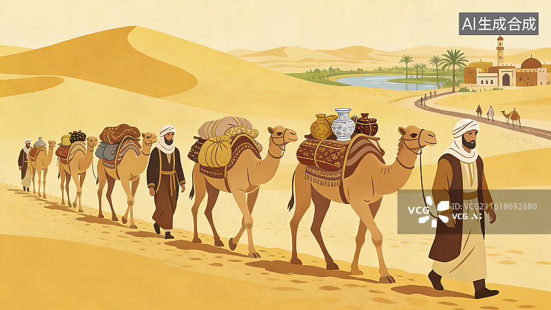 【AI数字艺术】中东沙漠商队骆驼旅行场景图片素材