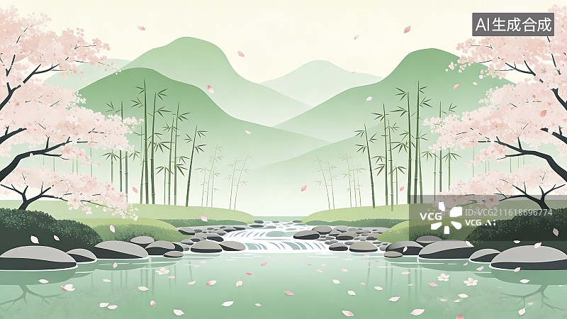 【AI数字艺术】樱花山水间的宁静自然景观图片素材