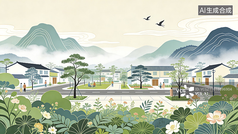 【AI数字艺术】田园风光中的乡村社区景观图片素材