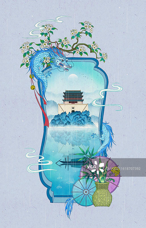 园林葫芦门雨水节气框景-西安城墙图片素材