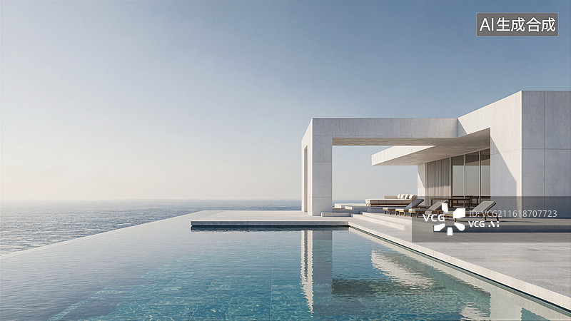【AI数字艺术】海边现代极简风格别墅与无边泳池图片素材
