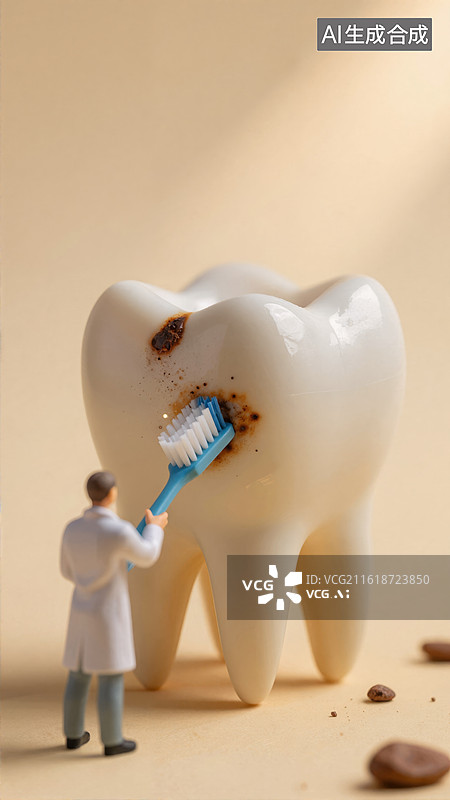 【AI数字艺术】牙医为巨大牙齿刷牙的创意场景图片素材