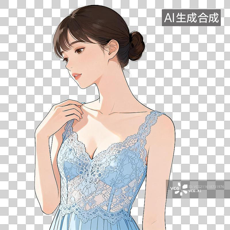 【AI数字艺术】[免抠PNG素材]身着蓝色蕾丝裙的优雅女子图片素材