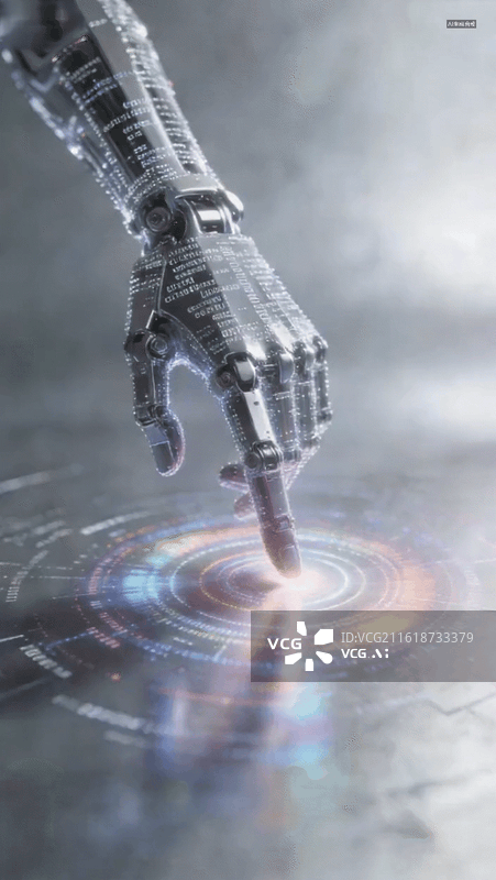 【AI数字艺术】未来科技人工智能机械手臂指尖触碰彩色光圈 全息投影质感数据代码前卫艺术与科技概念创意金属拉丝背景动画图片素材