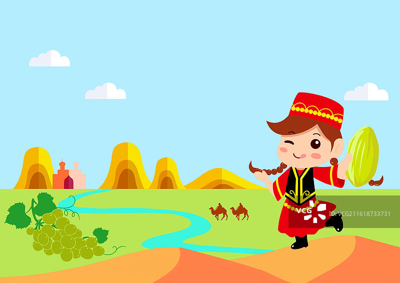 插画手绘剪纸皮影原画风新疆女孩手拿新疆特产葡萄干跳舞动作美味图片素材