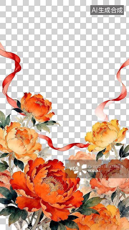 【AI数字艺术】新年新春新中式国风国潮水彩工笔插画免扣素材图片中国传统节日喜庆红色牡丹花卉飘带图片素材