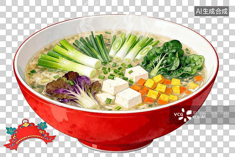 【AI数字艺术】新年新春新中式国风国潮水彩工笔插画免扣素材图片中国传统节日喜庆红色七宝羹红白釉彩的中式瓷碗绿色食物图片素材