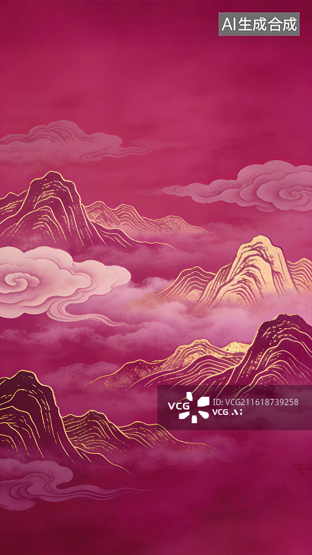 【AI数字艺术】中式国风金箔层叠起伏的山峦间环绕着白色祥云纹样喜庆新春庆典背景图片素材